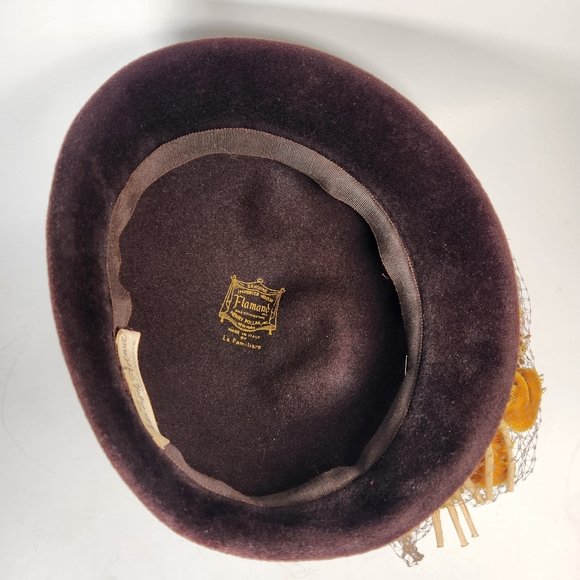 Vintage FLAMAND Velour Hat Floral Made Italy Chocolate Brown Netting 1930s Saks - Picture 4 of 9